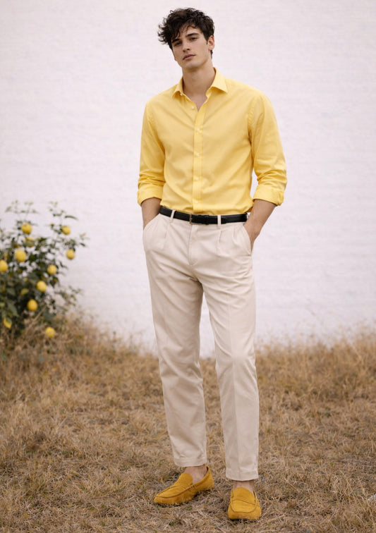 Montx men's yellow full-sleeve cotton shirt featuring a classic collar and button-down front, casual style for men.