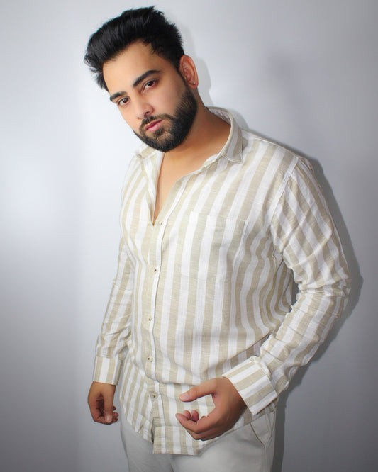 Montx Men's Pure Cotton Shirt – Light Brown Stripes on Off White