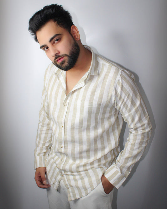Montx Men's Pure Cotton Shirt – Light Brown Stripes on Off White