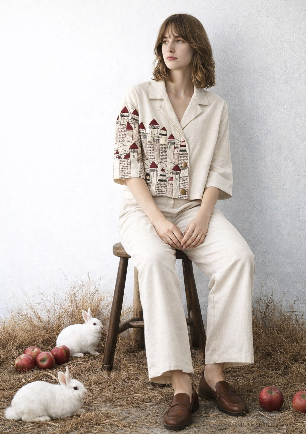 Montx Women’s wine linen embroidered co-ord set with matching top and pants, stylish designer ensemble perfect for warm weather.