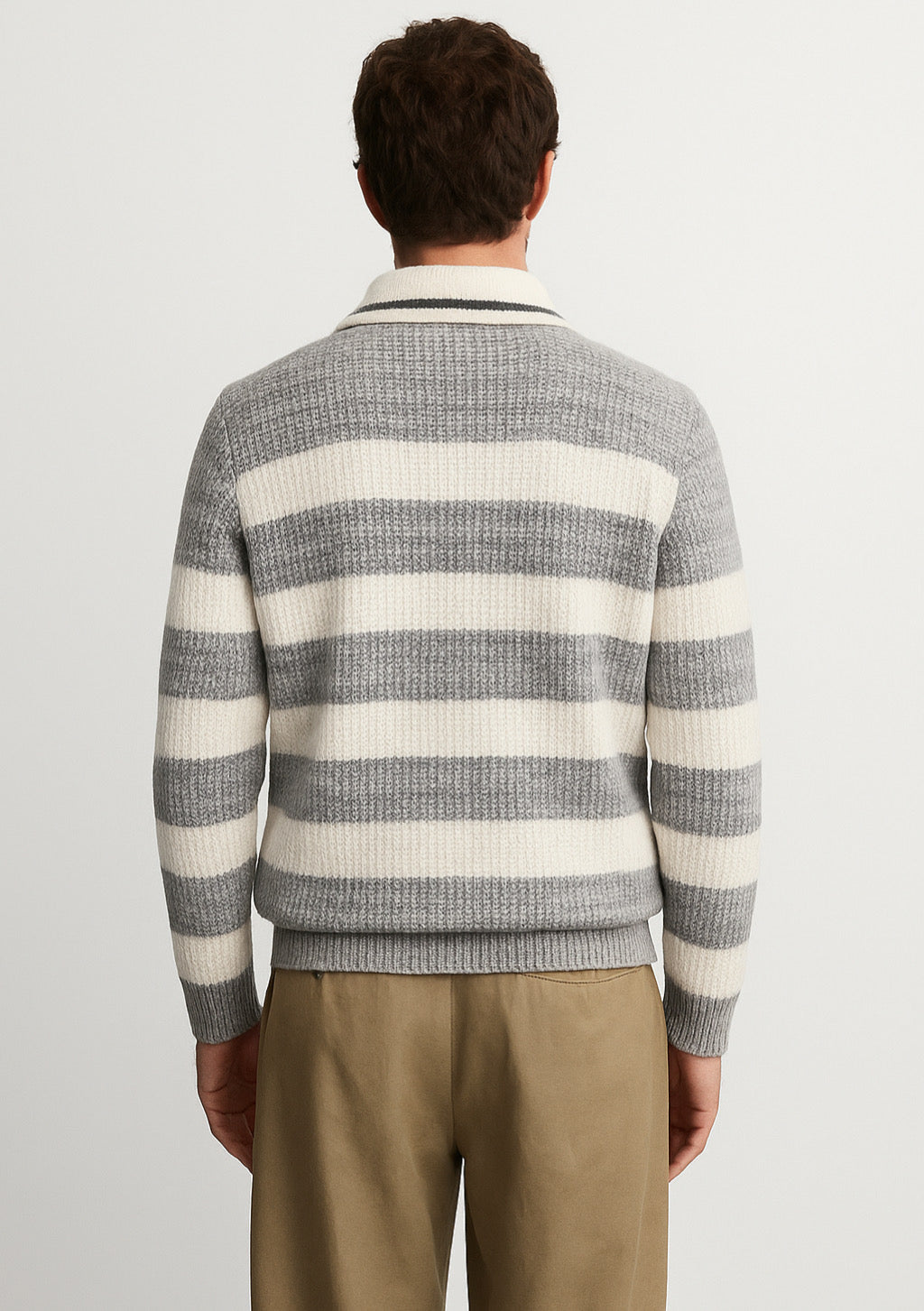 Grey & Off-White Striped Half-Zip Sweater for Men