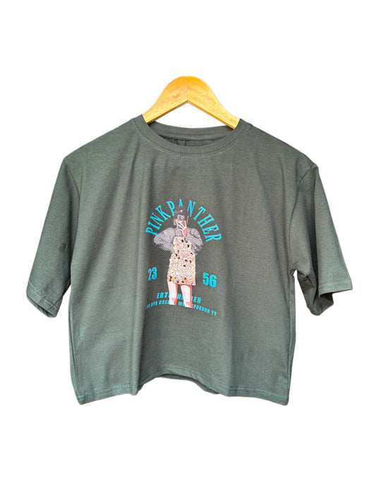 Women's Dark Green Color Pink Panther Printed T-shirt – Regular Fit