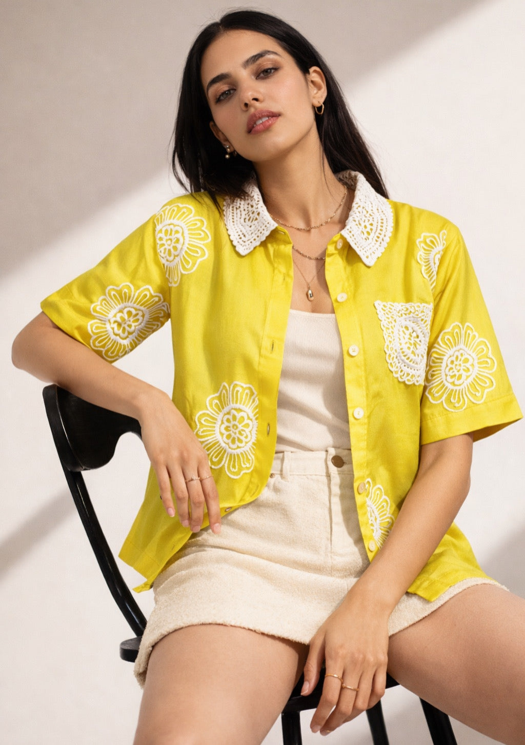 Women's Lemon Color Embroidered Shirt with Inner Crop Top - Montx The Clothing Brand