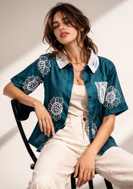 Women's Firozi Color Embroidered Shirt with Inner Crop Top - Montx The Clothing Brand