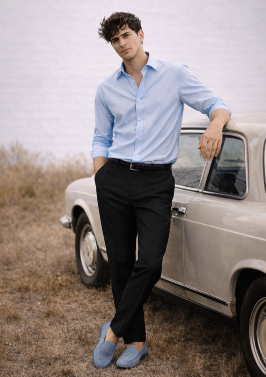 Montx men's sky blue full-sleeve cotton shirt with classic collar and button-up front, casual and comfortable for everyday wear.