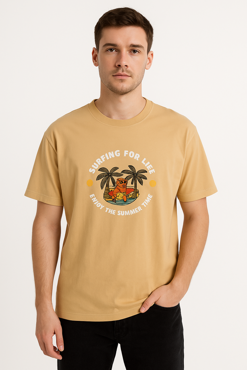 Men's Half Sleeve Round Neck Over Size T-Shirt  - Beige Color