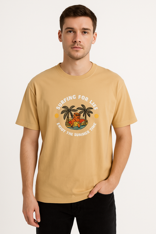 Men's Half Sleeve Round Neck Over Size T-Shirt  - Beige Color