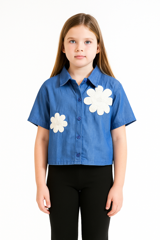 Women's Blue Color Top with Threadwork Flower Design