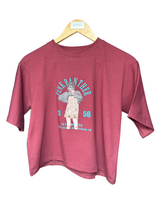 Women's Wine Color Pink Panther Printed T-shirt – Regular Fit