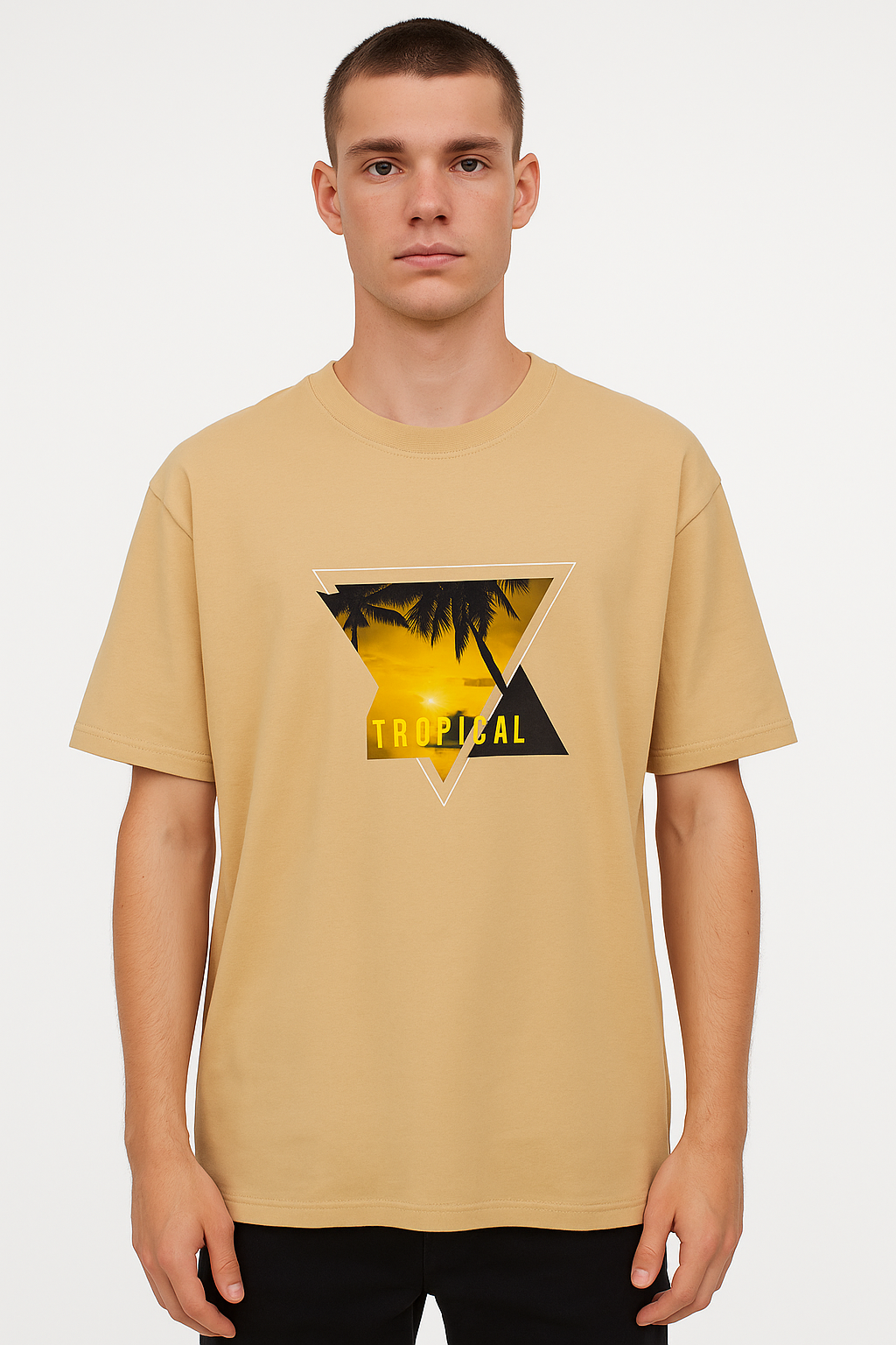 Men's Half Sleeve Round Neck Loose Fit T-Shirt  - Beige Color
