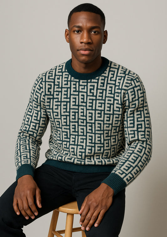 Teal Green & Off-White Geometric Pattern Knit Sweater for Men