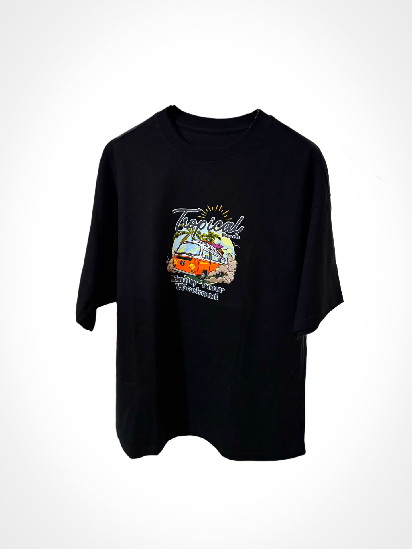Montx Men's Oversized Black T-shirt – Tropical Beach Print
