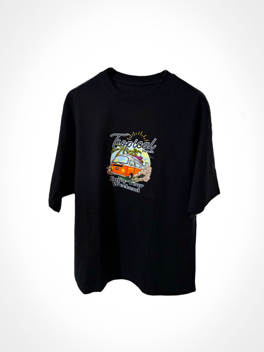 Montx Men's Oversized Black T-shirt – Tropical Beach Print