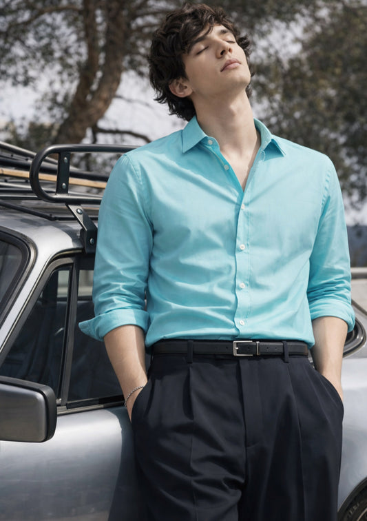 Men’s Firozi premium cotton full-sleeve shirt from Montx The Clothing Brand, shown in a close-up detail image.