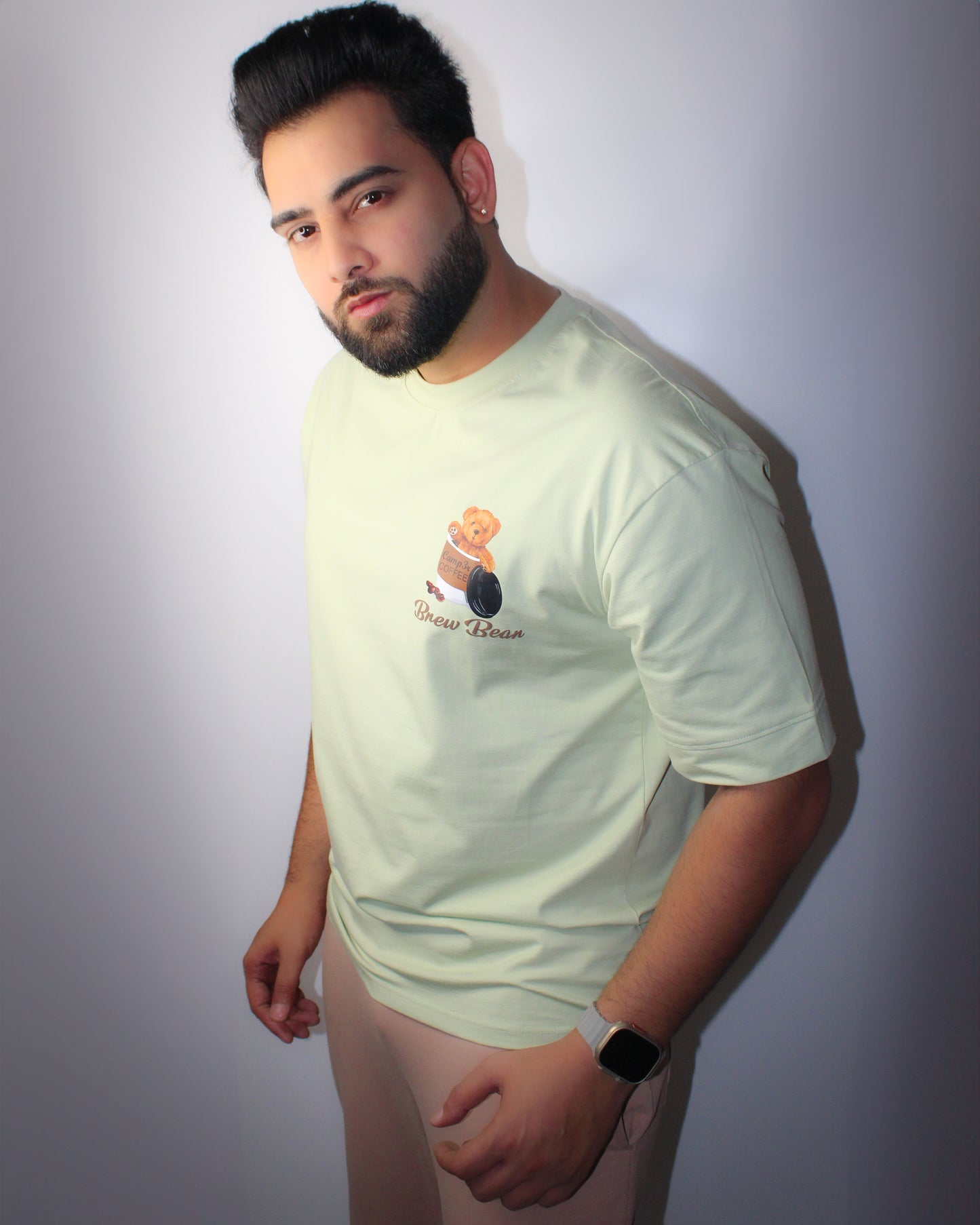 Montx Men's Teddy Print T-shirt – Drop Shoulder Loose Fit - Pista Color