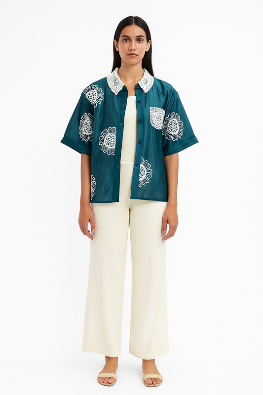 Women's Firozi Color Embroidered Shirt with Inner Crop Top