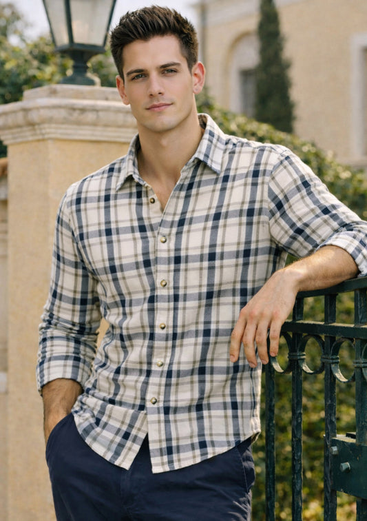 Men’s Premium Cotton Full-Sleeve Shirt – Off White Plaid - Montx The Clothing Brand