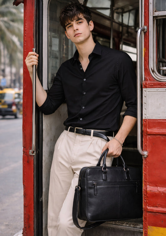 Men's black full-sleeve cotton shirt by Montx The Clothing Brand, showcasing a classic fit with button-down collar and long sleeves.