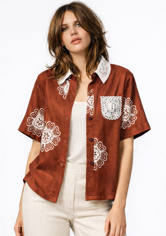 Women's Wine Color Embroidered Shirt with Inner Crop Top - Montx The Clothing Brand