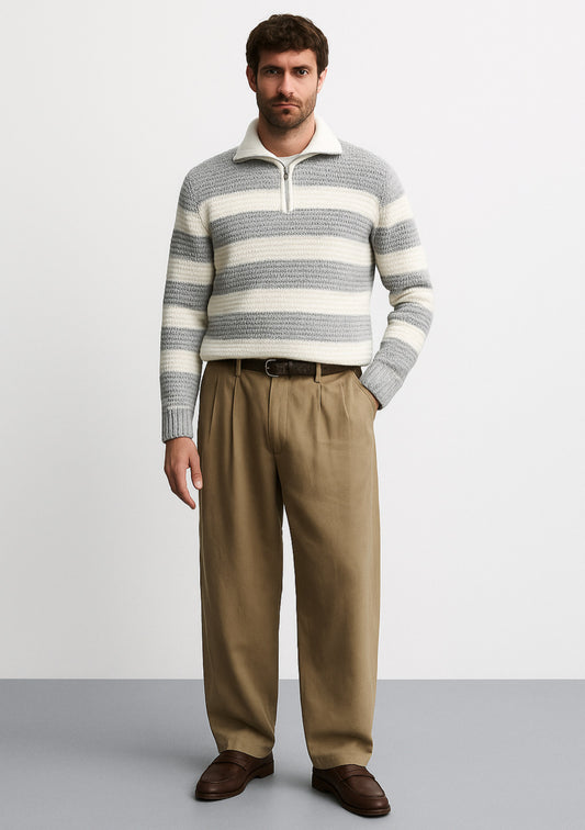 Grey & Off-White Striped Half-Zip Sweater for Men