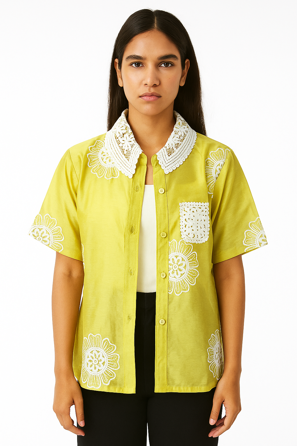 Women's Lemon Color Embroidered Shirt with Inner Crop Top
