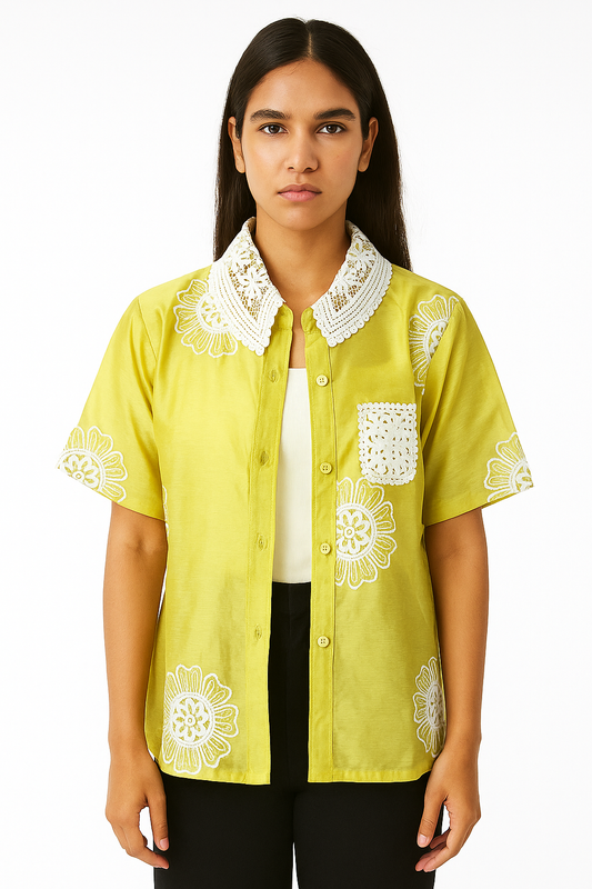 Women's Lemon Color Embroidered Shirt with Inner Crop Top