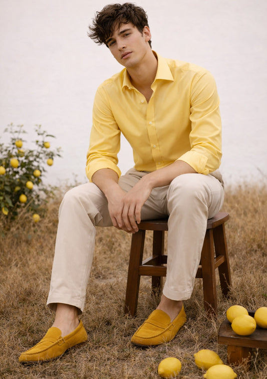 Yellow Montx men's full-sleeve cotton shirt with a classic collar and button front, shown on a neutral background.