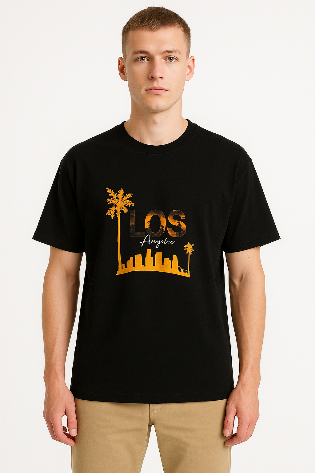 Men's Half Sleeve Round Neck Over Size Los Angeles Print  T-Shirt  - Black Color