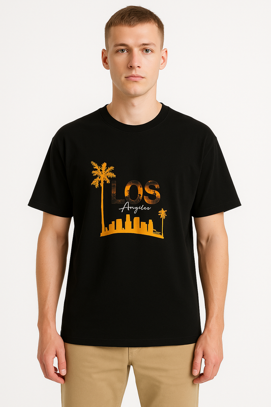 Men's Half Sleeve Round Neck Over Size Los Angeles Print  T-Shirt  - Black Color