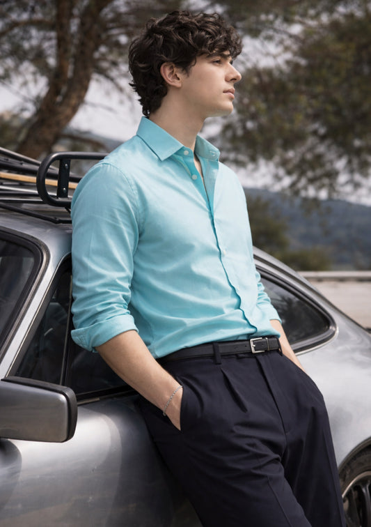 Men’s premium cotton full-sleeve shirt in firozi color by Montx The Clothing Brand, featuring a classic collar and button-up front.