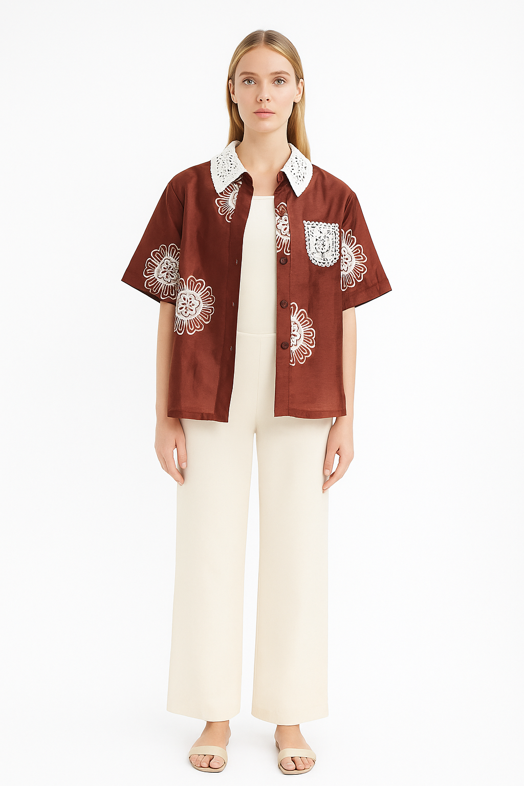 Women's Wine Color Embroidered Shirt with Inner Crop Top