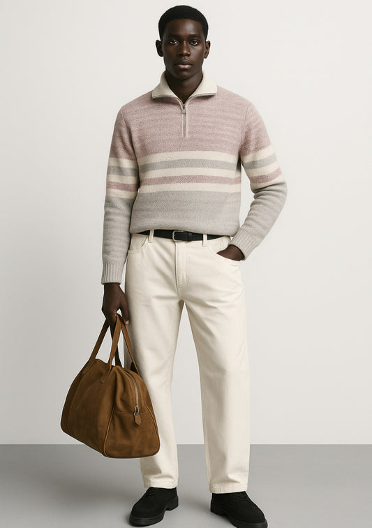 Dusty Pink & Beige Striped Half-Zip Sweater for Men