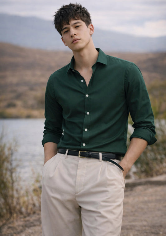 Men's green full-sleeve cotton shirt by Montx The Clothing Brand, with a classic collar and button-front design.