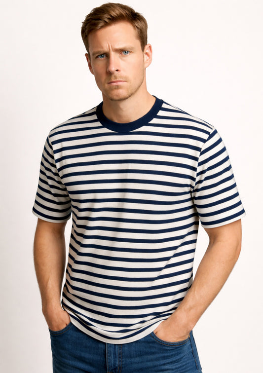 Montx Men's Round Neck T-shirt Blue & White Striped - Regular Fit - Montx The Clothing Brand