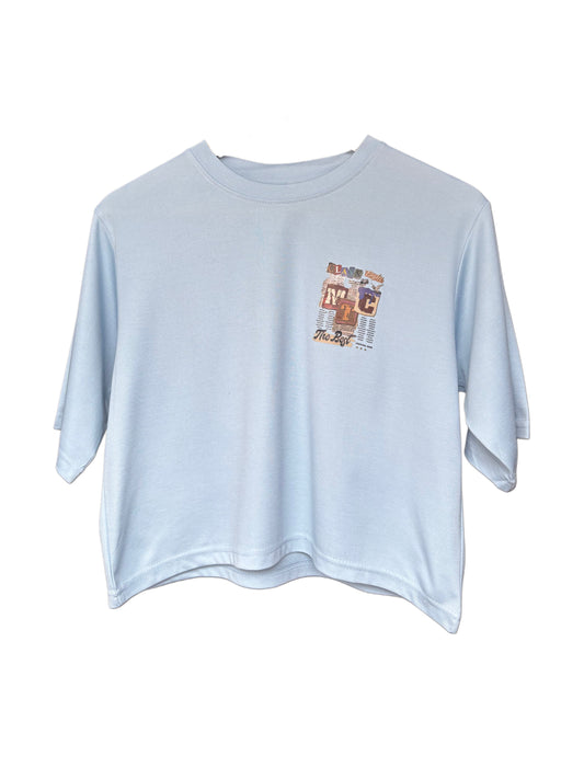Women's Sky Blue Color Newspaper Printed T-shirt – Casual Fit